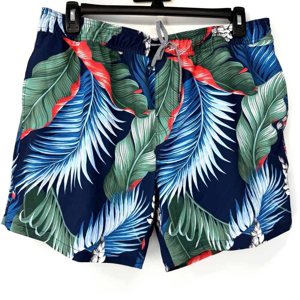 Reyn Spooner Swim Trunks Mens XL Navy Blue Tropical Palm Leaf Board Shorts 7in